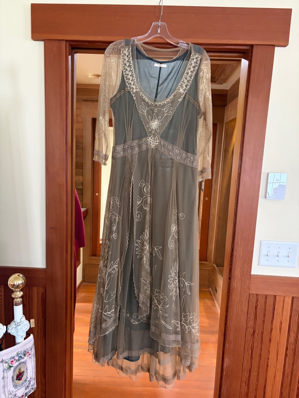Nataya Olive Green Embroidered Sheer Maxi Dress